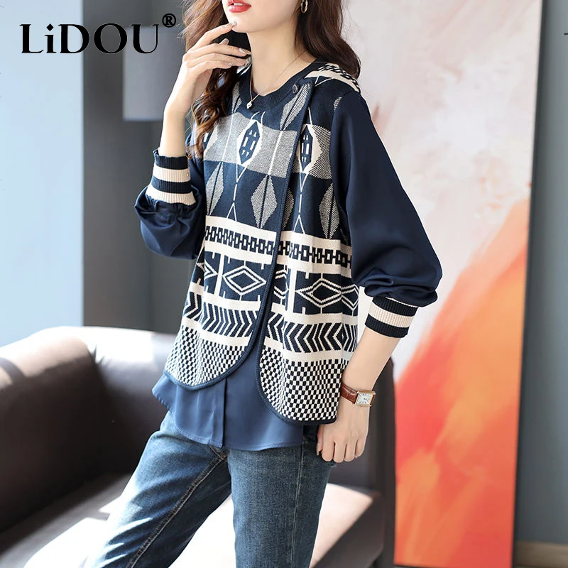 Top Trends: Spring Autumn Fake Two Pieces Knitting Patchwork Shirt Ladies Long Sleeve Loose Casual Fashion Pullover Top Women Jumper Blouse Shoppable Styles