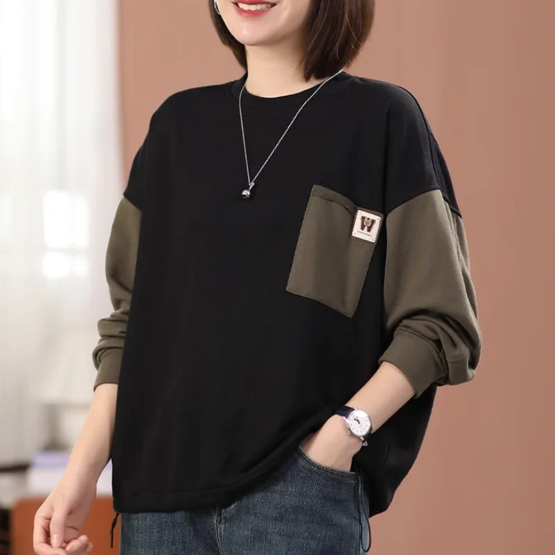 Top Trends: Women's Korean Casual Round Neck Hoodies Color-blocked Long Sleeve Autumn Winter 2023 Fashion Patchwork Pocket Pullover Tops Shoppable Styles