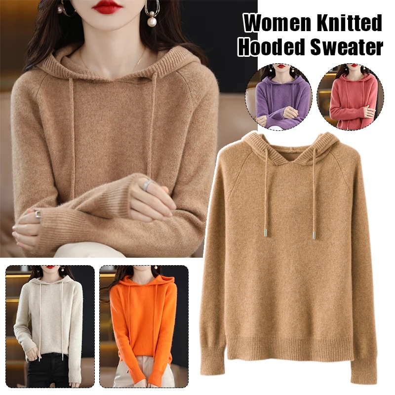 Top Trends: Women Warm Wool Hooded Pullover Sweaters Autumn Winter Solid Color Jumper Korean Fashion Cashmere Knitted Hooded Tops Shoppable Styles