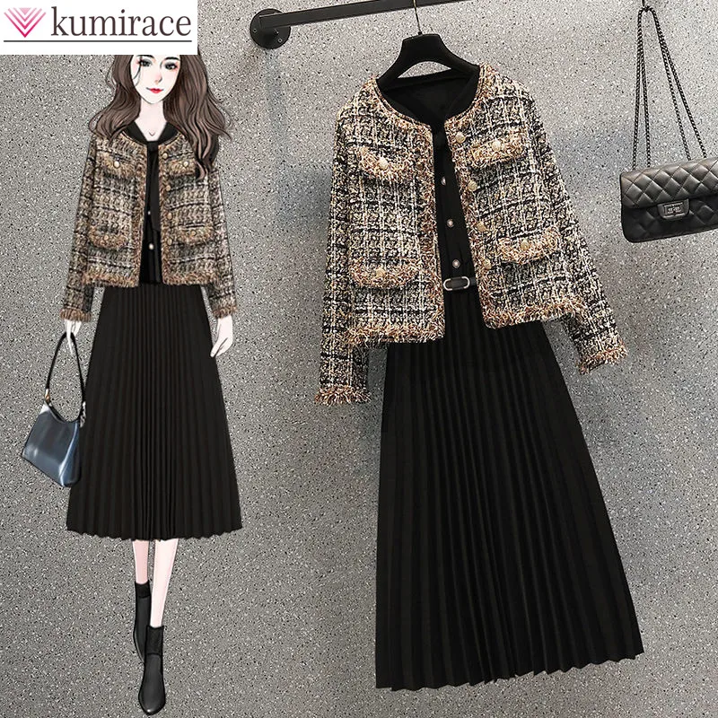 Top Trends: Korean Popular Autumn Plaid Splice Knitted Jacket Coat Long Sleeve Pleated Dress Two Piece Elegant Women&#039;s Skirt Set Shoppable Styles