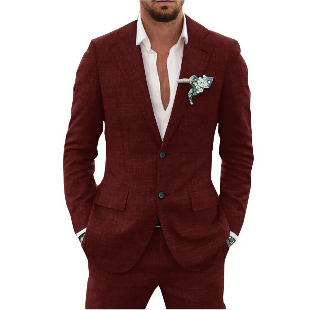 Top Trends: Slub Cotton Linen Suiting Fabric Full Men's Suit Lapel Collar Single-breasted 2 Piece Set Elegant Man Suits High Quality Blazer Shoppable Styles - Image 2