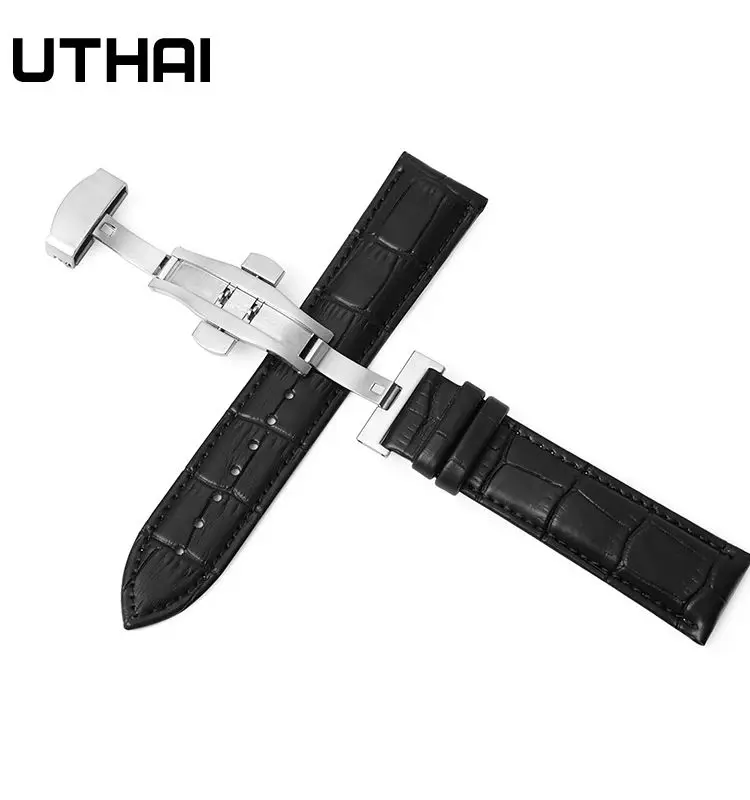 Top Trends: UTHAI Z09 Plus Genuine Leather Watchbands 12-24mm Universal Watch Butterfly Buckle Band Steel Buckle Strap 22mm Watch Band Shoppable Styles