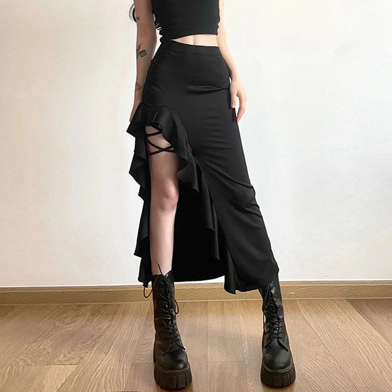 Top Trends: Goth Dark High Split Ruffles Side Y2k Maxi Skirts Elegant Mall Gothic Bandage Sexy Partywear Women Grunge High Waist Long Skirt Shoppable Styles