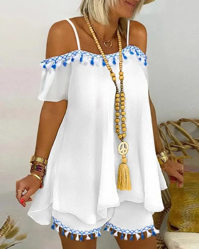 Top Trends: Two Piece Sets Womens Outifits 2023 Summer Fashion Cold Shoulder Short Sleeve Flowy Top &amp; Casual Tassel Design Daily Shorts Set Shoppable Styles