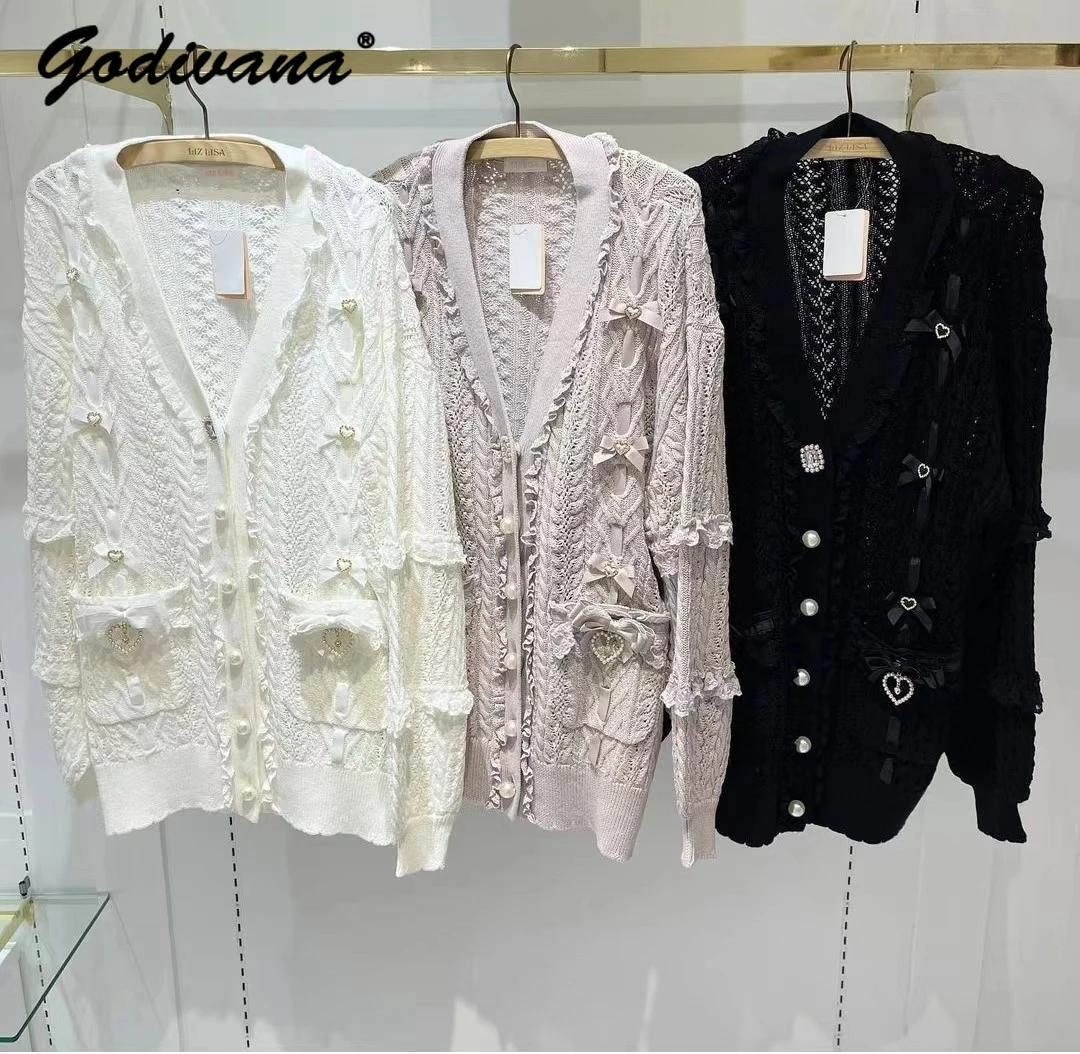 Top Trends: Japanese Style Ribbon Weaving Hollow Pocket Knitted Cardigan Autumn And Winter Women Girls Sweet Bowknot Long Sweater Coat Shoppable Styles