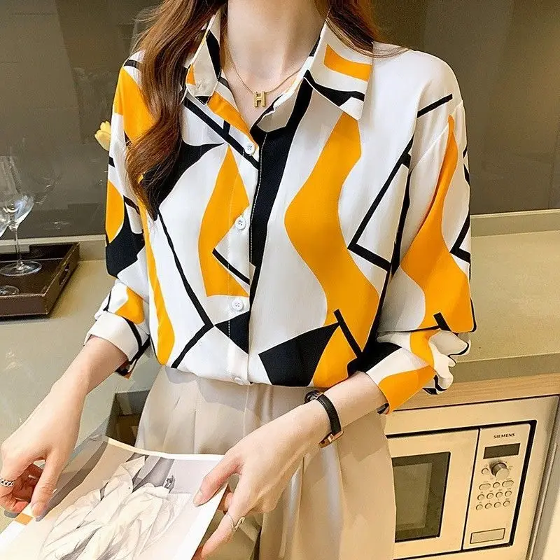 Top Trends: Fashion Lapel Button Printed Geometric Shirt Women&#039;s Clothing 2022 Autumn New Loose Casual Tops All-match Office Lady Blouse Shoppable Styles