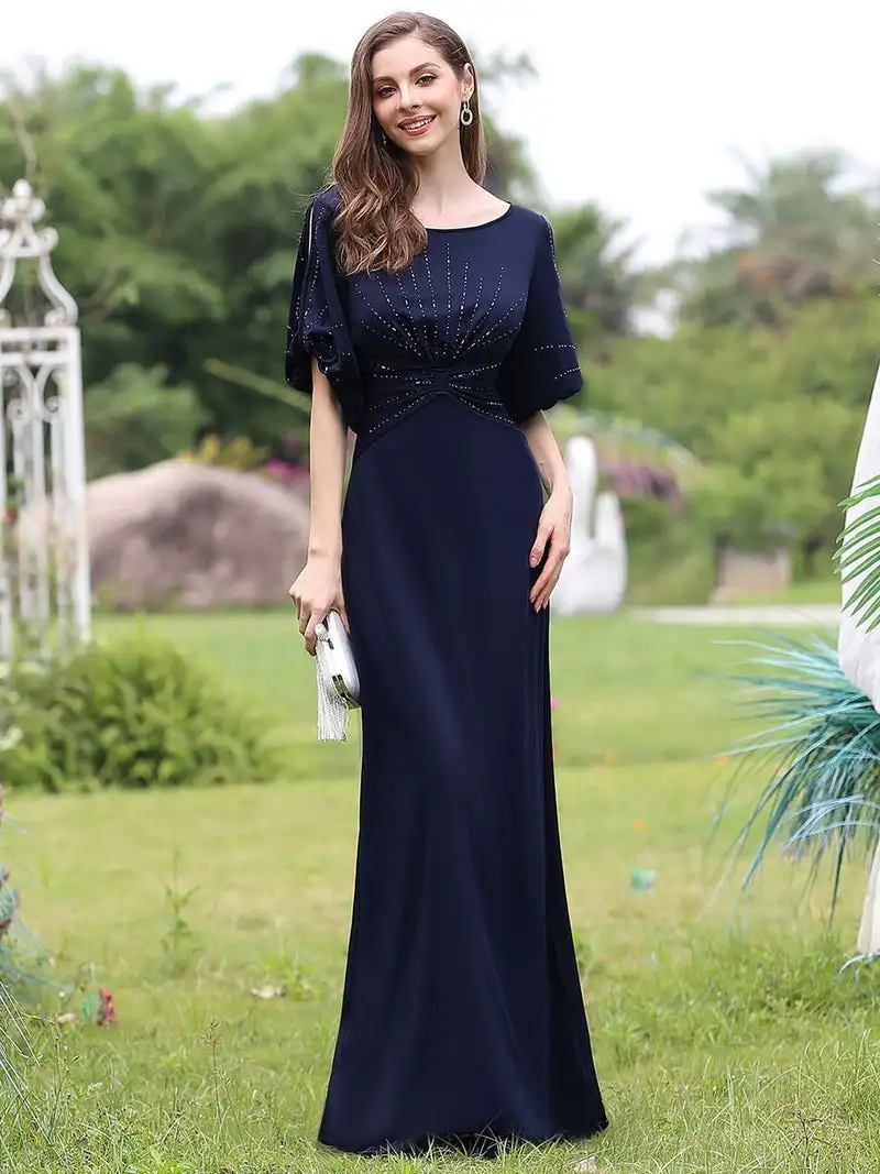 Top Trends: Luxury Evening Dresses Long A-line O-Neck Short Sleeve Floor-Length Gown 2024 Of Navy Blue Mermaid Prom Women Dress Shoppable Styles