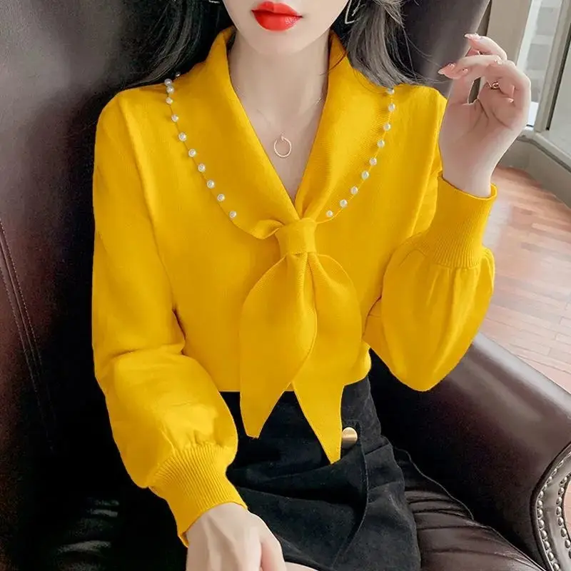 Top Trends: Fashion V-Neck Beading Bow Long Sleeve Blouse Loose Casual Spring Autumn Pullovers Long Sleeve Commute Women's Clothing Shirt Shoppable Styles