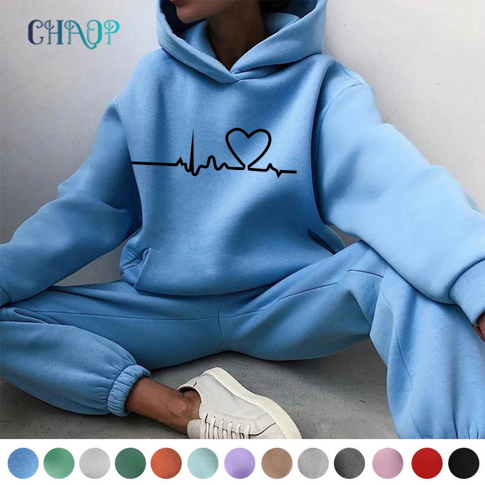 Top Trends: 2022 Winter Two Piece Sets Women Tracksuit Oversized Suit Autumn Trouser Suits Female Sweatshirt Print Sports Hoodie Sportswear Shoppable Styles