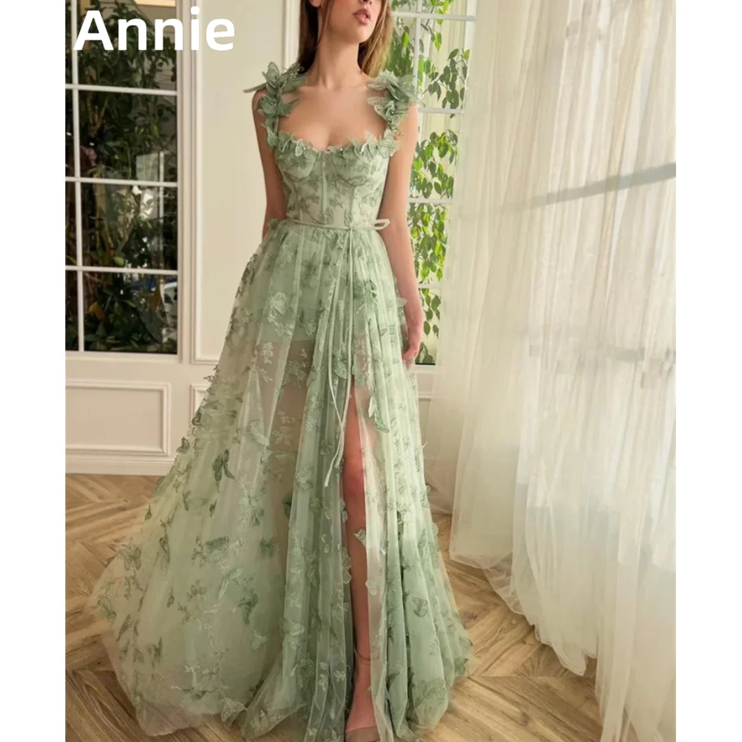 Top Trends: Annie Green Tulle Prom Dresses 3D Lace Butterfly Flower Evening Dress فساتين السهرة Formal Occasion Wedding Party Dresses Shoppable Styles