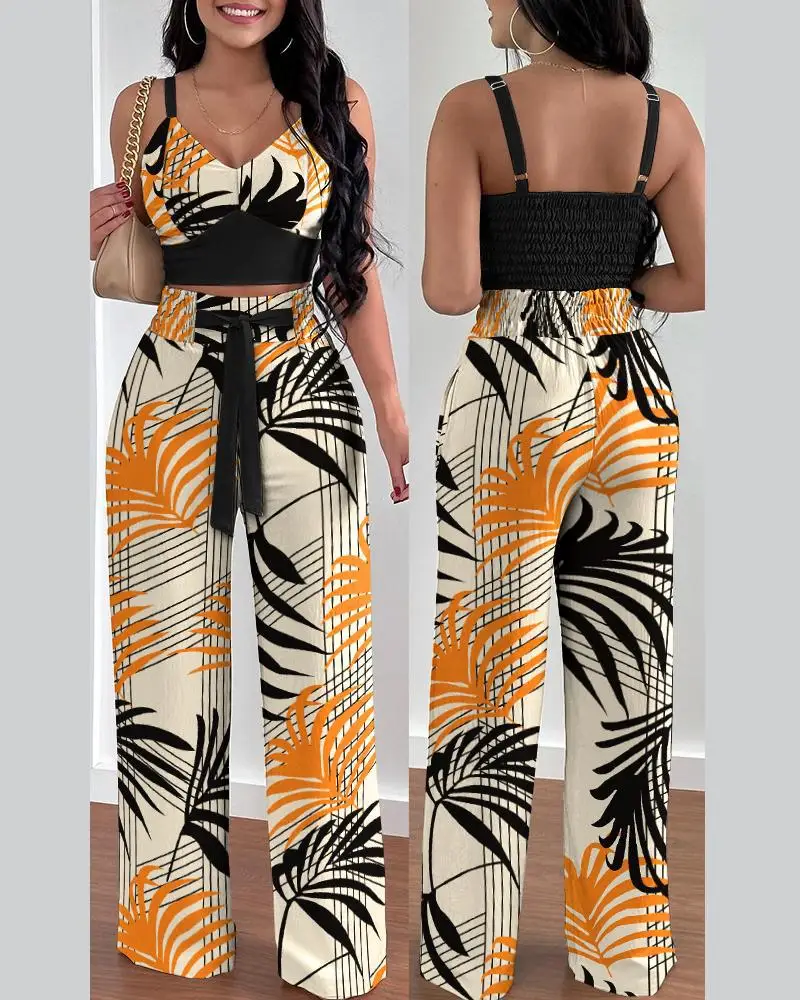 Top Trends: Two Piece Sets Womens Outifits Summer Fashion Printed Suspenders V Neck Sleeveless Crop Top &amp; Casual Wide-Leg Long Pants Set Shoppable Styles