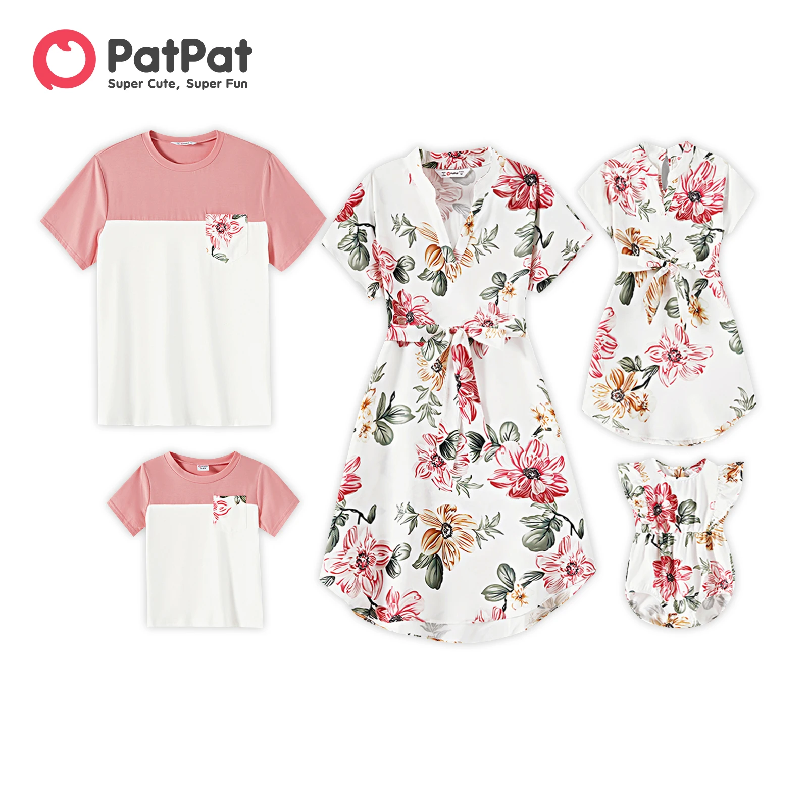 Top Trends: PatPat Family Matching Outfits Allover Floral Print Notched Neck Belted Dresses And Short-sleeve Colorblock T-shirts Sets Shoppable Styles