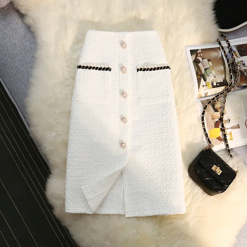 Top Trends: Black White Tweed Long Skirts Women Autumn Winter New Bright Silk Skirt Female Vintage High Waist A-line Wrap Skirt Office Lady Shoppable Styles - Image 2