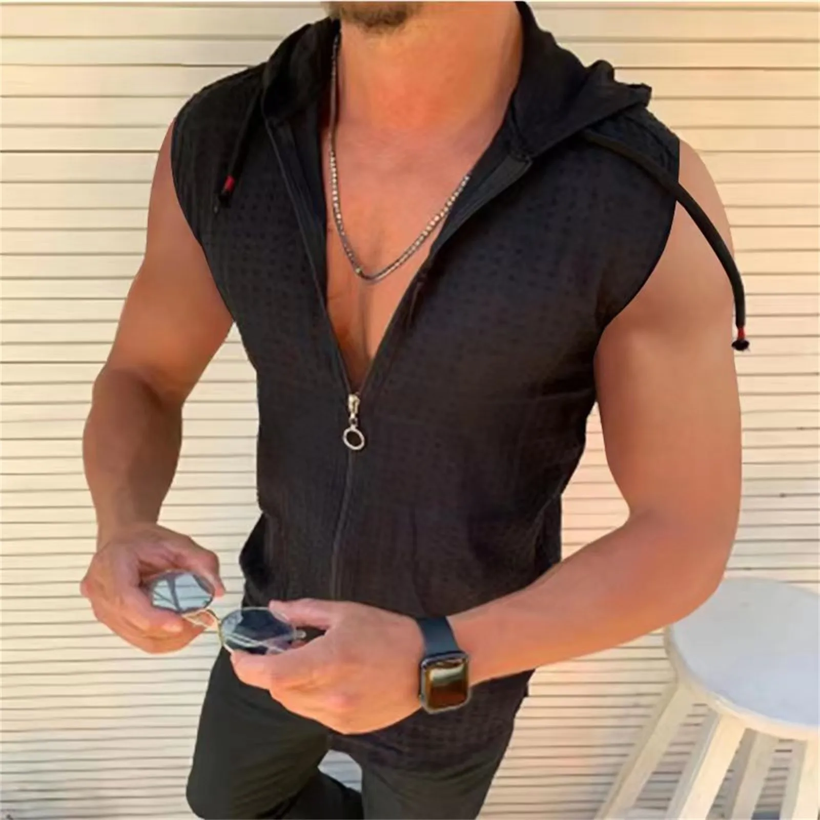 Top Trends: Sleeveless Tops Men T Shirt Workout Hip Hop Vest Zipper Hoodie Solid Drawstrings T Shirts Summer Vests Loose Camisetas T-shirts Shoppable Styles