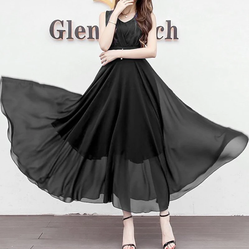 Top Trends: Office Lady V-neck Sleeveless Solid Empire Wave Cut Fashion A-LINE Slender Summer Dress Women 2022 Chiffon Thin Women Clothing Shoppable Styles - Image 2