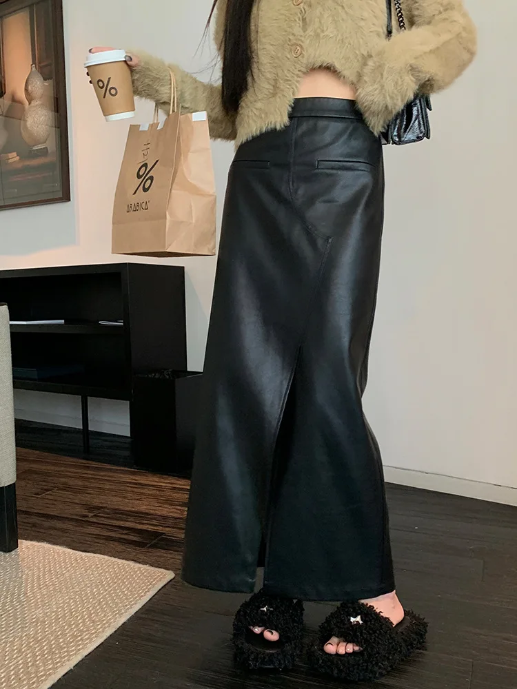 Top Trends: Women's High Waist Sheepskin Long Skirt, Female Slimming Skirt, Ankle Length, Wide Slit, Spring, Autumn Shoppable Styles