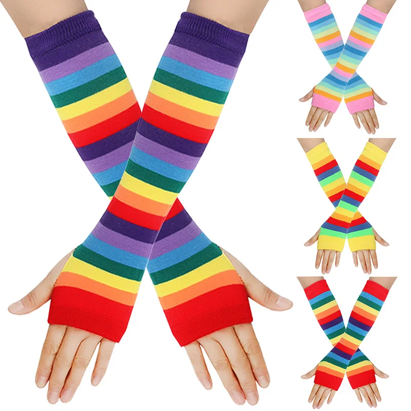 Top Trends: 1pair Women Elbow Length Fingerless Arm Sleeve Warmer Rainbow Colored Striped Knitted Sunscreen Girls Halloween Costume Mittens Shoppable Styles