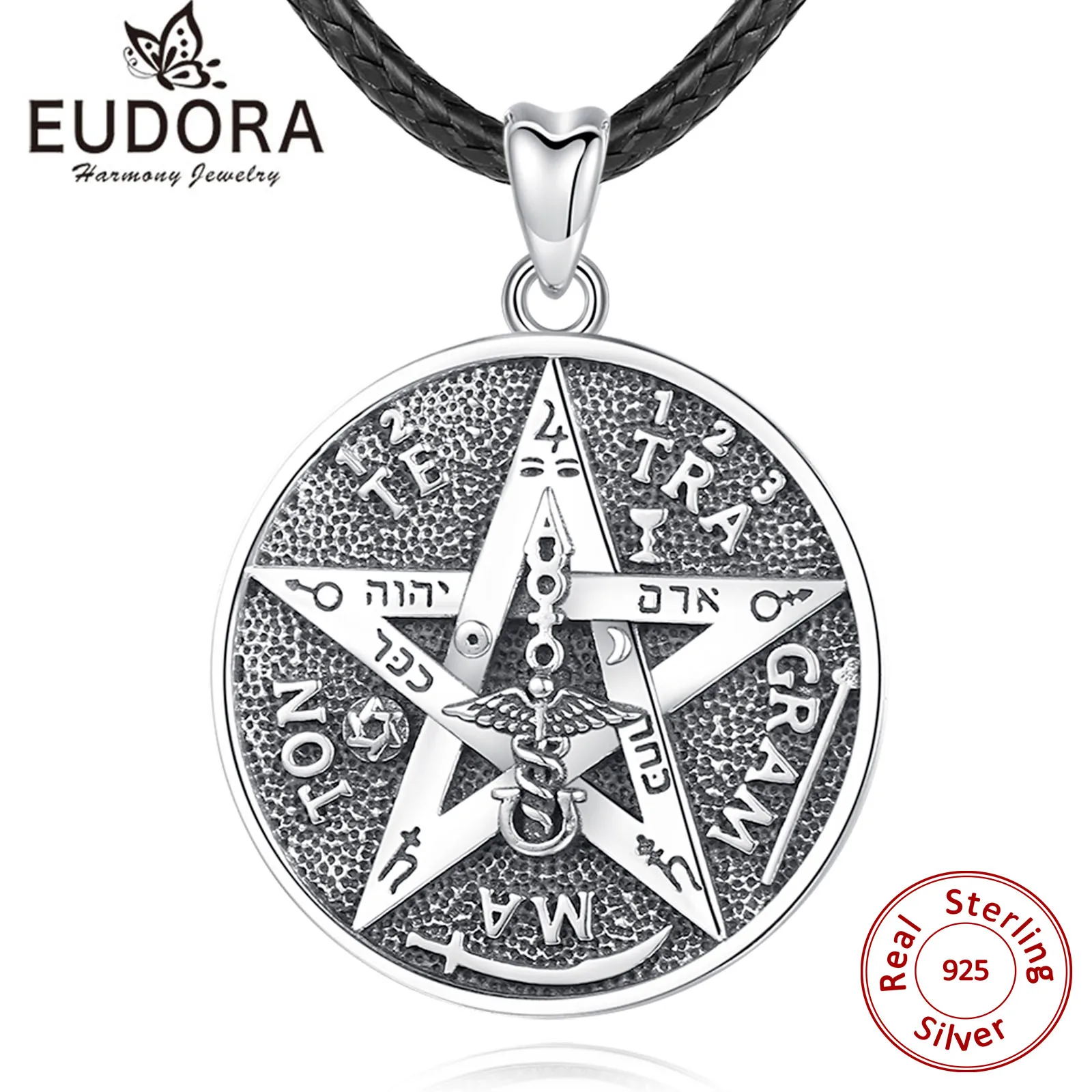 Top Trends: EUDORA 925 Sterling Silver Pentagram Runes Necklaces Amulet Leather Chain Guardian Star Tetragrammaton Pendant For Men Jewelry Shoppable Styles