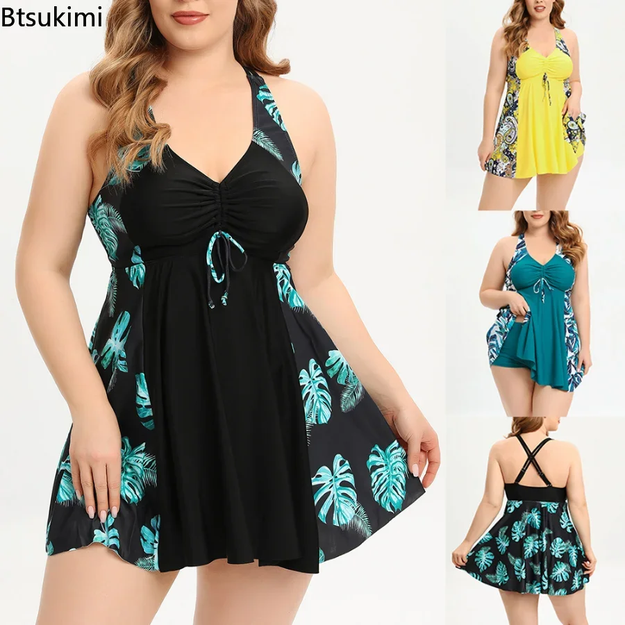 Top Trends: Plus Size 4XL 5XL Leaf Print Swimwear Women Tankini Swimsuits Drawstring Swimsuit Female Large Size Bathing Suits Skirt Bathers Shoppable Styles