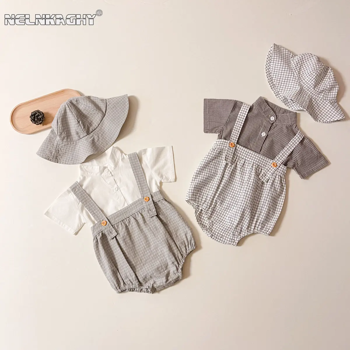 Top Trends: 2023 New In Summer Kids Baby Boys Plaid Shirts + Strap Bodysuits Sun Hat Infant Newborn Gentleman Style Clothing Set 3pcs Shoppable Styles