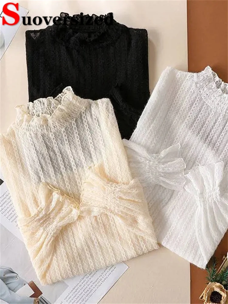 Top Trends: Half Turtleneck Thin Knitted Tops Lace Loose Knitwear Pullover Elegant Long Sleeve Botoming Jumper Fall Chic Women Blouses Shoppable Styles