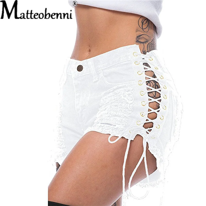 Top Trends: Sexy Ripped Tassel Jeans Streetwear High Waist Straight Denim Shorts 2022 Summer New Women Lace-Up Hole Hollow Out Jean Shorts Shoppable Styles - Image 3