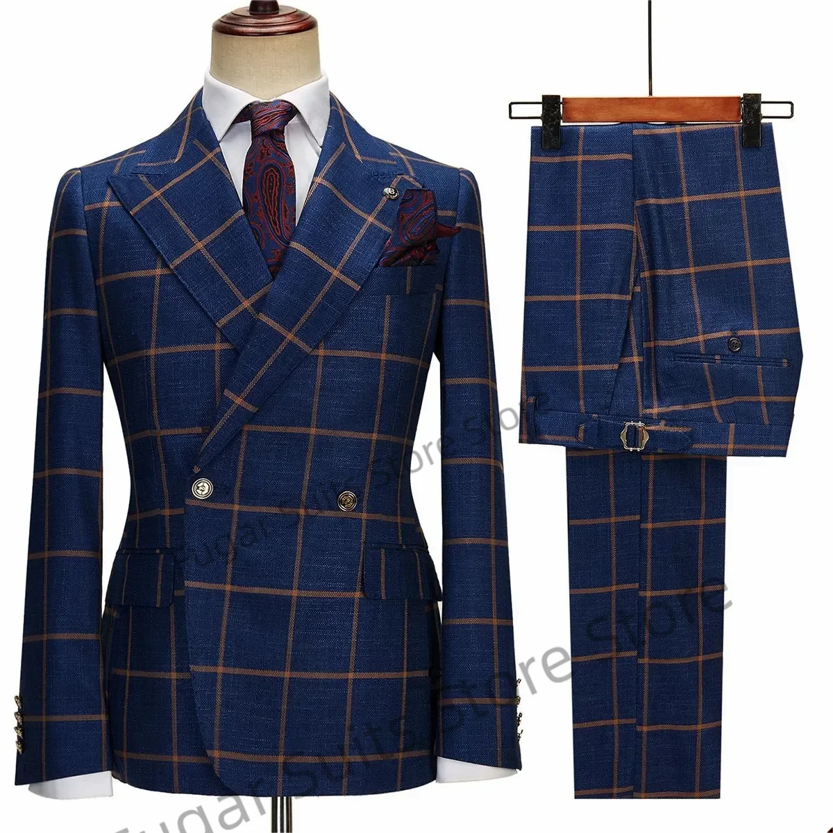 Top Trends: Navy Checked Wedding Men Suits Slim Fit 2 Pieces Sets Peaked Lapel Blazers Double Breasted Formal Suit With Jacket And Pants Shoppable Styles