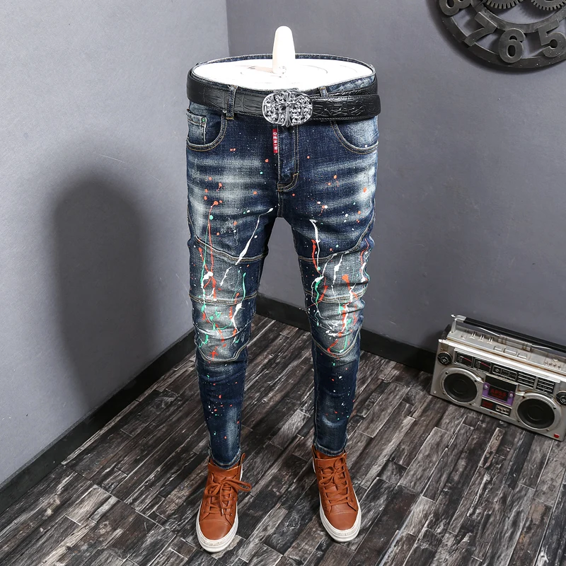 Top Trends: Streetwear Fashion Printed Jeans Men Retro Black Blue Spliced Designer Biker Jeans Homme Painted Hip Hop Denim Punk Pants Hombre Shoppable Styles