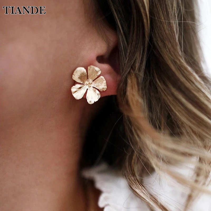 Top Trends: TIANDE Gold Plated Stud Earrings For Women Vintage Boho Big Flowers Piercing Ear Studs Earrings 2022 Trend Jewelry Wholesale Shoppable Styles