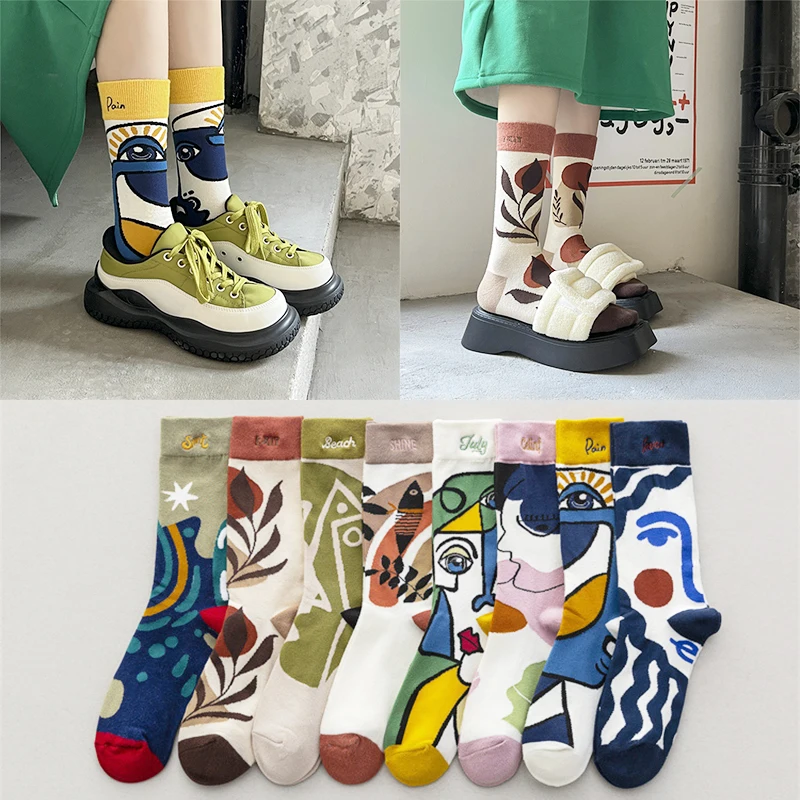 Top Trends: Literary Autumn Winter Retro Women New Art Harajuku Ins Jacquard Oil Painting Socks Funny Happy Socks Shoppable Styles