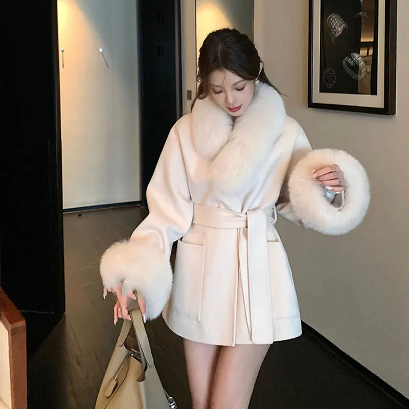 Top Trends: Korea White Wollen Coat With Belt Woman Winter Autumn Chic Solid Fox Fur Collar Thick Warm Chic Long Ladies Lace Up Coat Outwear Shoppable Styles