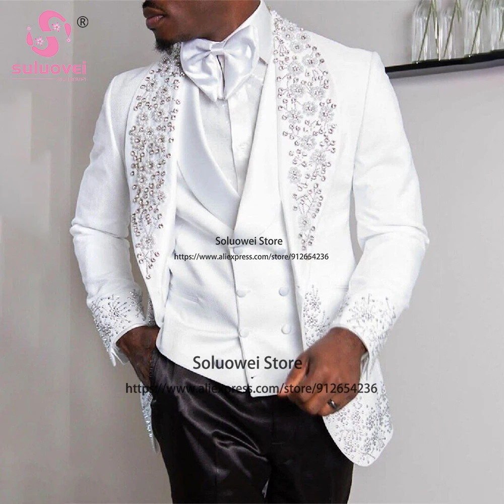 Top Trends: Shiny Crystal Beading Suits For Men Luxury Slim Fit 3 Piece Pants Set Formal African Groom Wedding Big Shawl Lapel Tuxedo Blazer Shoppable Styles