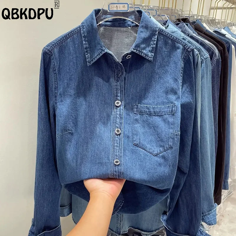 Top Trends: Basic POLO Collar Denim Blouses 2023 Spring Women Jean Shirts Pocket Design Long Sleeves Blue Blusas Mujer Casual Cowboy Tops Shoppable Styles