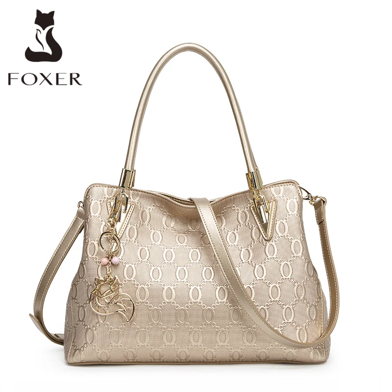 Top Trends: FOXER Occident Style Gold Top Handle Bag Fashion Women&#039;s Split Leather Large Capacity Handbag Lady Luxury Shoulder Crossbody Bag Shoppable Styles