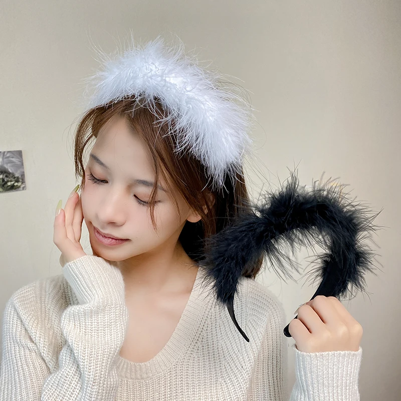 Top Trends: AISHG Fairy Ostrich Hair Band Black And White Feather Headband Elegant Women Hoop Eye-catching Hairband Girls Hair Accessories Shoppable Styles