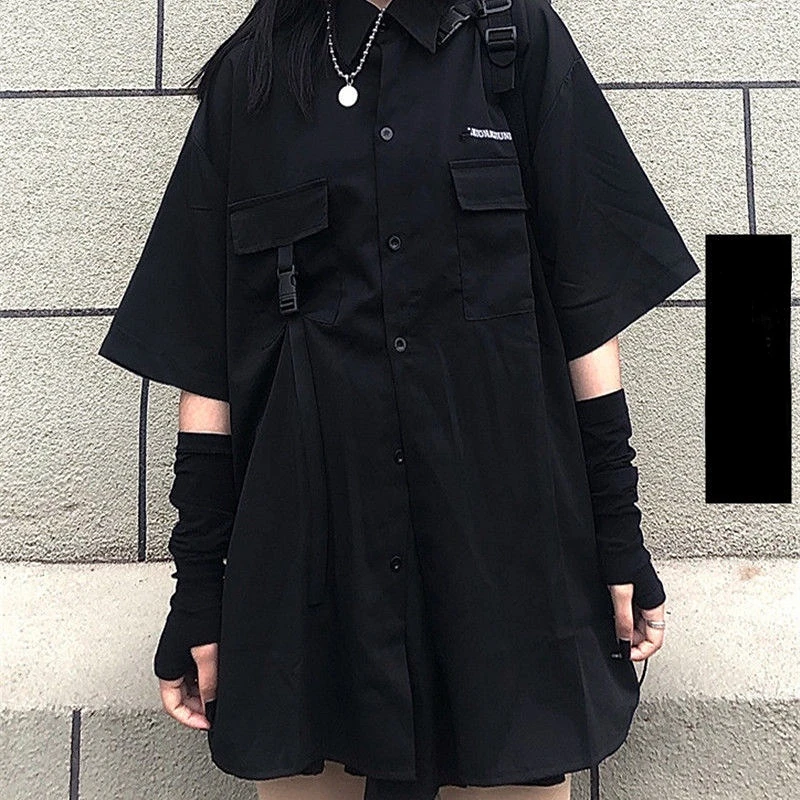 Top Trends: QWEEK Women's Blouses Gothic Streetwear Harajuku Oversized Shirts BFstyle Black Teachwear Short Sleeve Button Up Tops Dark Cool Shoppable Styles