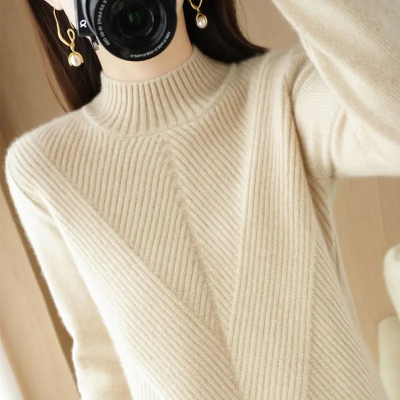 Top Trends: Thickened Half High Collar Various Colors Knitting Sweater Cross Striation Loose Slightly Elastic Long Sleeve Female Pullovers Shoppable Styles - Image 4