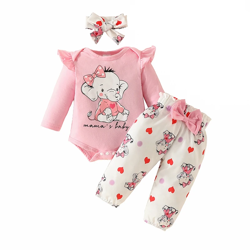 Top Trends: 3PCS Baby Girl Sets Cartoon Elephant Printing Bodysuits Long Sleeve Onesies Top Elastic Waist Trousers Infant Outfit 0-18 Months Shoppable Styles