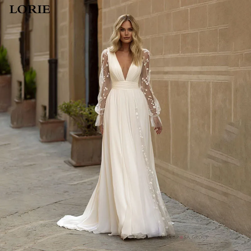 Top Trends: LORIE Fairy Lace Wedding Dresses V Neck Long Sleeve Bride Dress Sexy V Neck Chiffon Bride Wedding Gowns 2024 Shoppable Styles