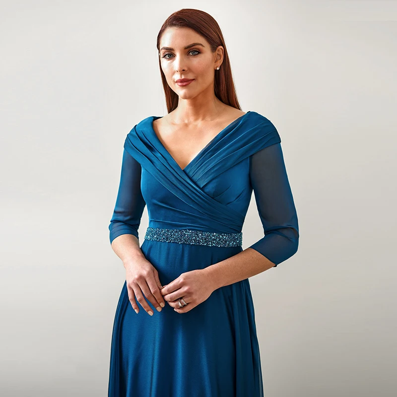 Top Trends: Teal Blue Mother Of The Bride Dresses A-Line 3 / 4 Long Sleeves V-Neck Beaded Chiffon Full-Length Chiffon Formal Evening Prom Gown Shoppable Styles - Image 3