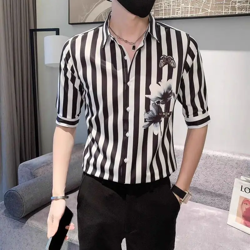 Top Trends: 2023 New Summer Trend No Iron Anti Wrinkle Slim Fitting Korean Version Lapel Stripe Print Medium Sleeve Handsome Men&#039;s Shirt Shoppable Styles