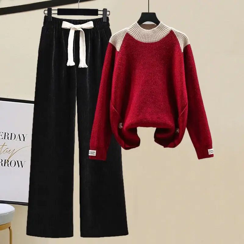 Top Trends: Large Women&#039;s Autumn Suit 2022 New Loose Splice Sweater Drawstring High Waist Wide Leg Pants Two Piece Elegant Women&#039;s Pants Set Shoppable Styles