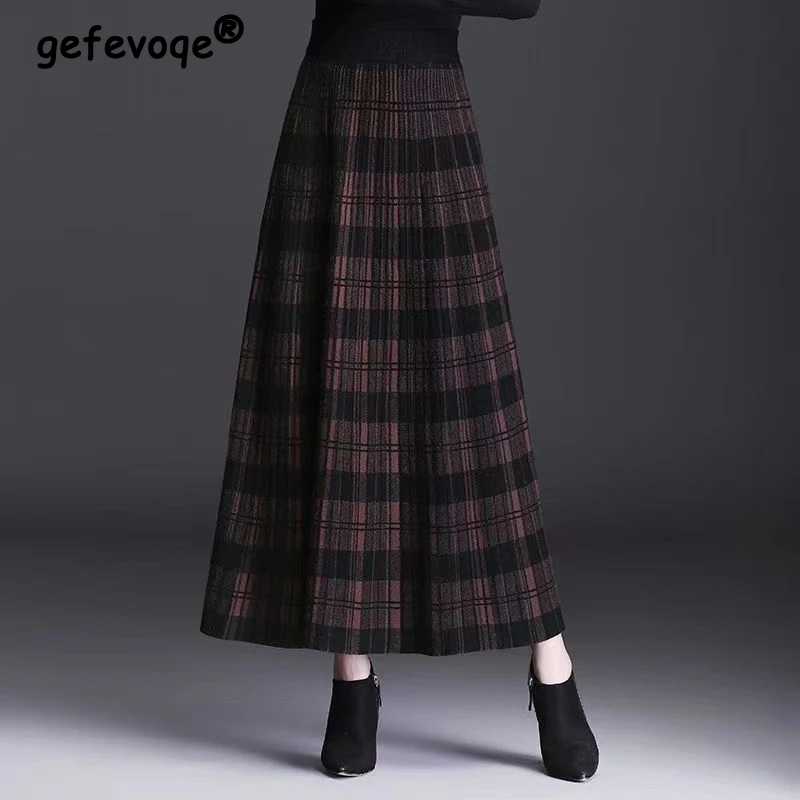 Top Trends: Women Vintage Plaid High Waist Elegant Pleated Maxi Skirts Autumn Winter Fashion Thick A-line Knitted Skirt Faldas Para Mujeres Shoppable Styles