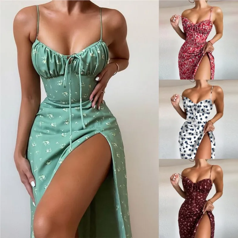 Top Trends: 2023 New Summer Women's Sexy Slim Fit Sleeveless High Waist Fashion Floral Fold Lace Up Split Hanging Strap Floral Print Dress Shoppable Styles