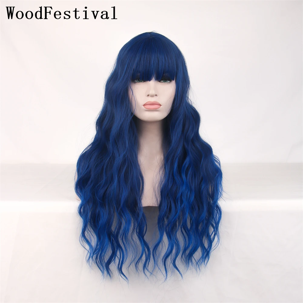 Top Trends: WoodFestival Blue Synthetic Hair Wigs For Women Ombre Blonde Cosplay Wig With Bangs Purple Pink Red Brown Orange Long Wavy Shoppable Styles