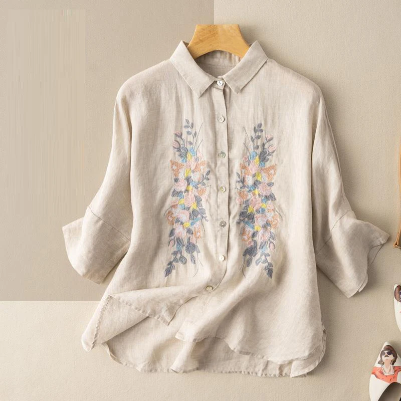 Top Trends: Summer Ethnic Vintage Style Embroidery Cotton Linen Loose Casual Shirt Women Short Sleeve Oversized Comfortable Blouse Clothing Shoppable Styles - Image 3