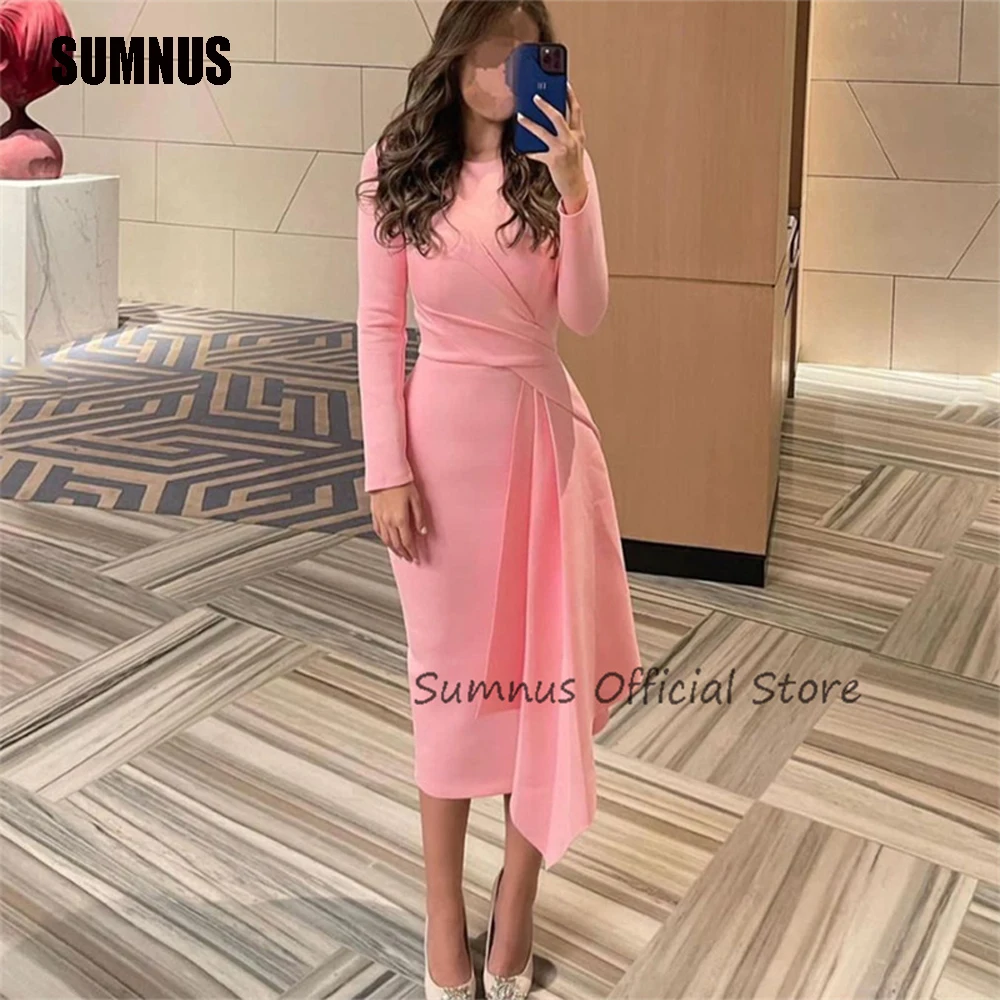 Top Trends: SUMNUS Elegant Pink Arabic Prom Dresses Long Sleeves Satin Mermaid O Neck Modern Abendkleider Sexy Dubai Formal Occasion Dress Shoppable Styles