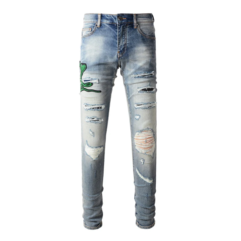 Top Trends: High Street Fashion Men Jeans Retro Washed Blue Stretch Skinny Fit Ripped Jeans Men Leather Patched Designer Hip Hop Brand Pants Shoppable Styles