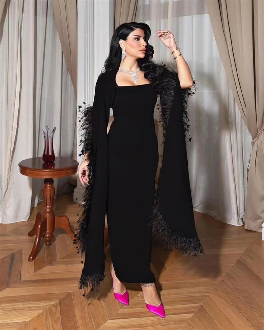 Top Trends: Lovestory Two Pieces Black Evening Dresses Feathers Long Sleeves Jackets Wedding Guest Dress For Women Ankle Length Prom Gowns Shoppable Styles