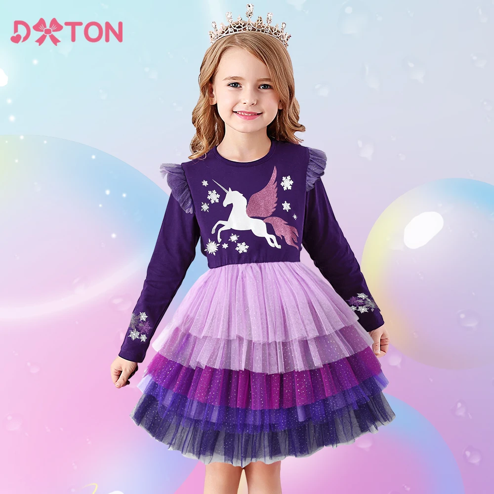 Top Trends: DXTON Winter Long Sleeve Girls Dress Unicorn Cotton Children Clothing Birthday Party Prom Kids Dress Layered Princess Tutu Dress Shoppable Styles